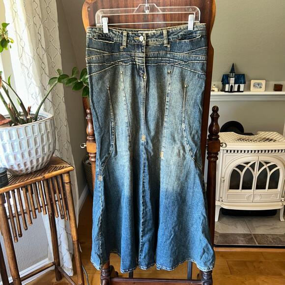 Vtg 90s BISOU BISOU Blue Faded Stretch Cotton Denim Mermaid Maxi Skirt 10 - Picture 1 of 11